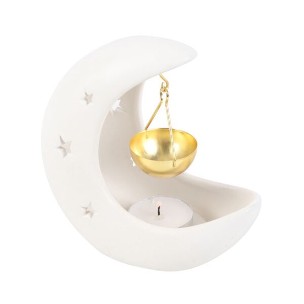 White Crescent Moon Hanging Oil Burner with Gold Dish - Image 2