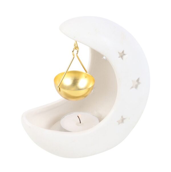 White Crescent Moon Hanging Oil Burner with Gold Dish - Image 3