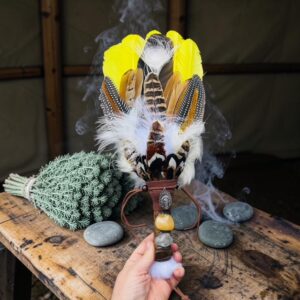 Large Yellow Speckled Feather Fan
